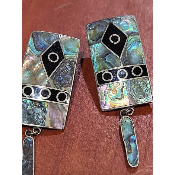 Vintage Silver Alpaca Mexico Dangle Earrings Abalone Inlay Rectangle - Picture 4 of 11